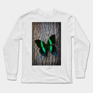 Green Blue Butterfly Resting On Tree Long Sleeve T-Shirt